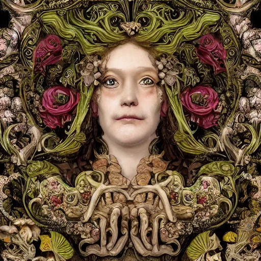 Prompt: a beautiful detailed front view baroque portrait of a rotten woman corpse with fractal plants and fractal flowers and mushrooms growing around, intricate, symmetrical, ornate, ornamentation, bones, in the style of art nouveau