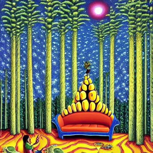 Prompt: psychedelic trippy corn on the cob pine forest, planets, milky way, sofa, cartoon by rob gonsalves