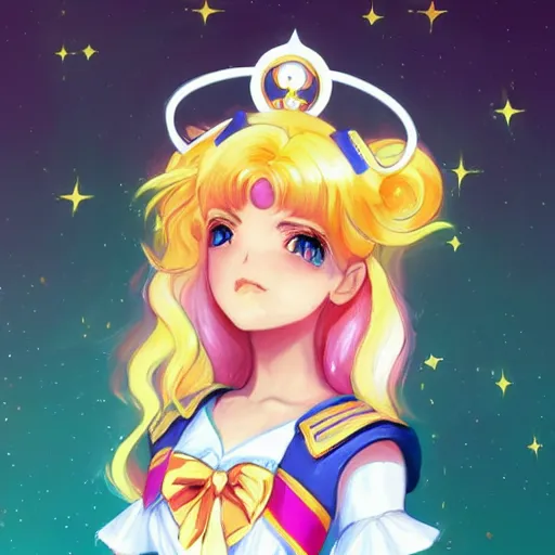 Image similar to a portrait of a celestial magical girl, sailor moon, star guardians, very beautiful, very very very very attractive, trending on artstation, cool color scheme, semi - realism, painted by artgem and rossdraws and loish