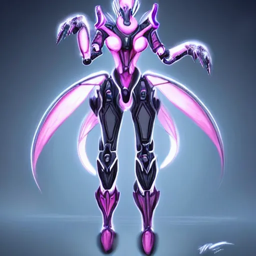 Image similar to highly detailed realistic exquisite fanart, of a beautiful female warframe, but as an anthropomorphic elegant robot female dragon, glowing eyes, shiny and smooth off-white plated armor, bright Fuchsia skin beneath the armor, sharp claws, robot dragon four fingered hands, and robot dragon three clawed feet, royal elegant pose, full body and head shot, epic cinematic shot, professional digital art, high end digital art, DeviantArt, artstation, Furaffinity, 8k HD render, epic lighting, depth of field