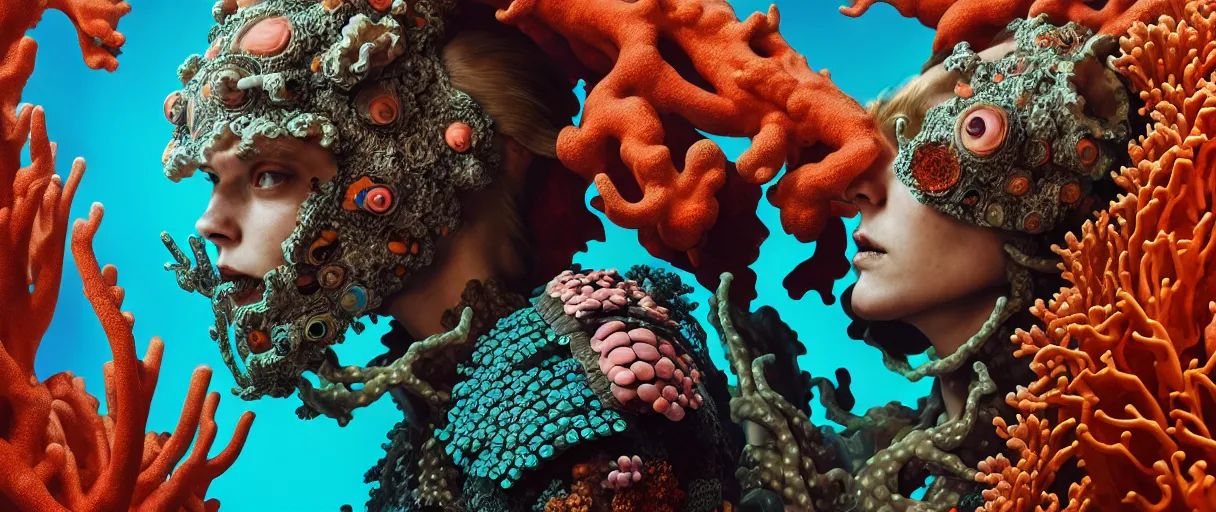 Image similar to hyperrealist highly detailed english medieval portrait of high fashion monster wearing reef armor, radiating atomic neon corals, concept art pascal blanche dramatic studio lighting 8k wide angle shallow depth of field