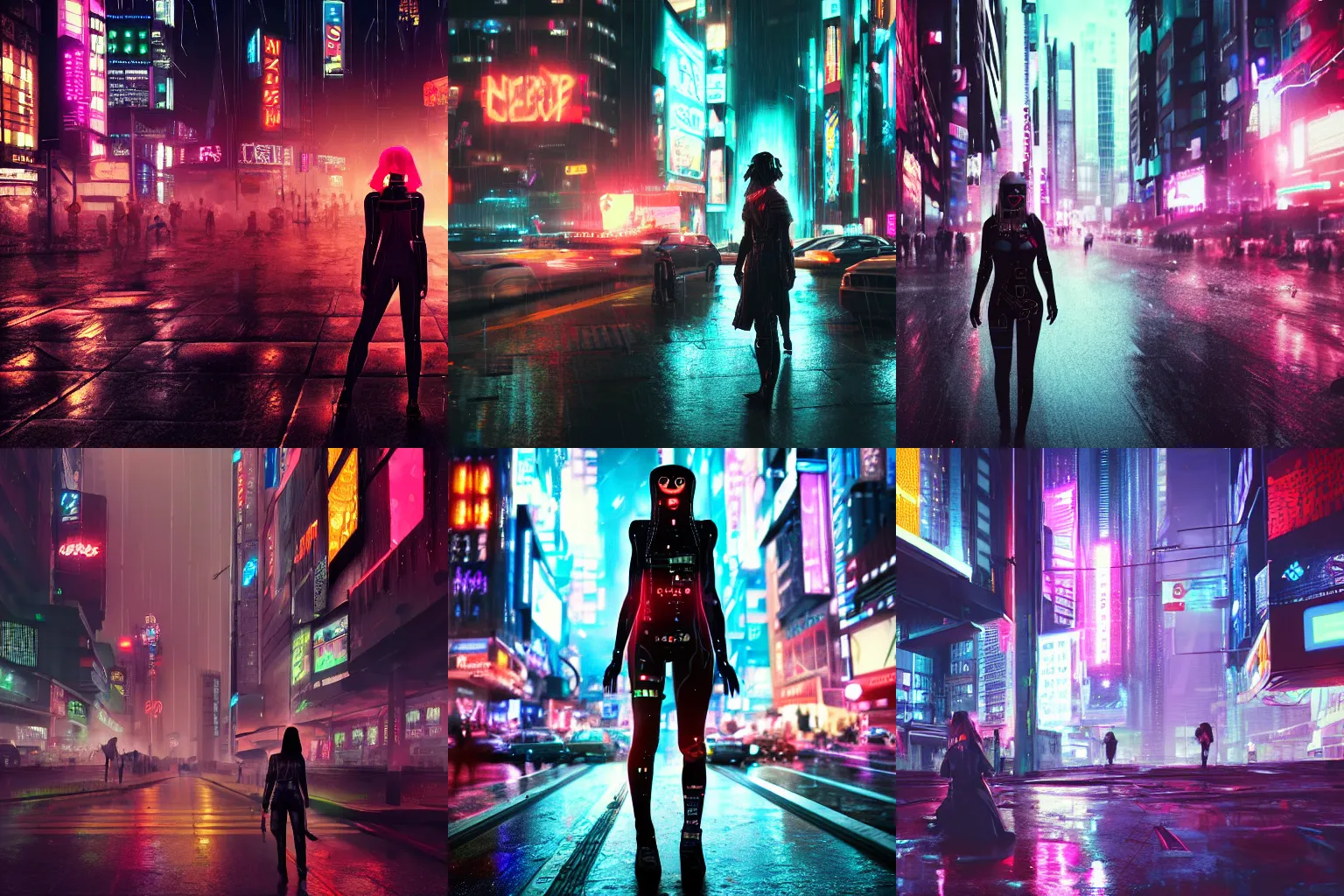 Prompt: a cyberpunk woman in a busy neon dystopian city, crowds, rainy night, realistic, highly detailed digital art, 8k Octane