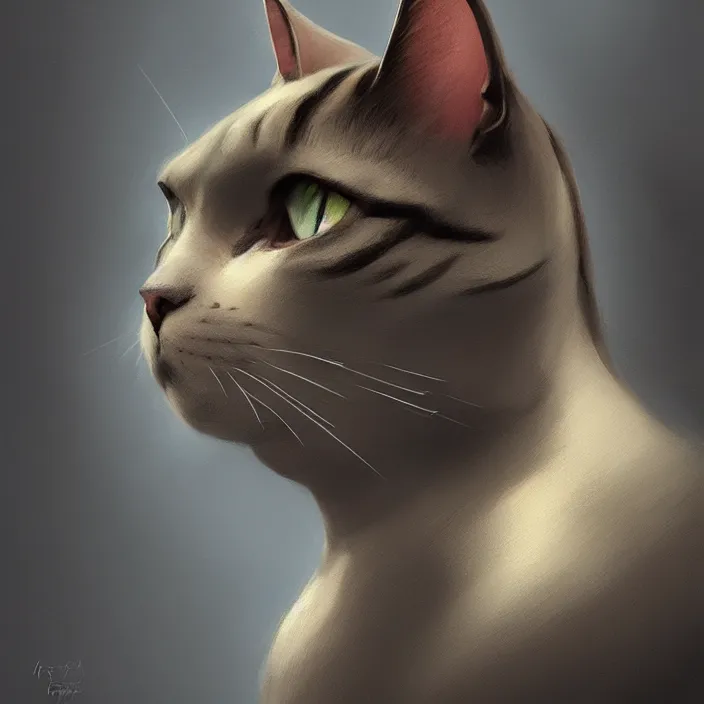 Image similar to profile face portrait of a cat shape like dog eating cakes in the cloisters, beautiful face, hyper realistic, highly detailed, digital painting, artstation, illustration, concept art by hyung tae and frank frazetta, digital paint, matte paint, washed colors, dark, gloomy