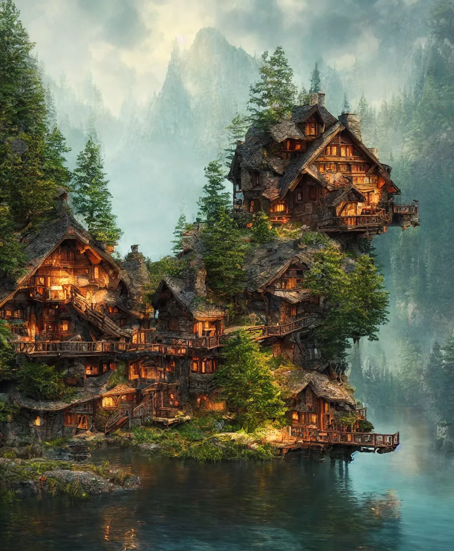 Prompt: beautiful Hyperrealistic hobbit lake house, highly detailed, digital painting, trending artstation, concept art, illustration, cinematic lighting, vibrant colors, photorealism, epic, octane render