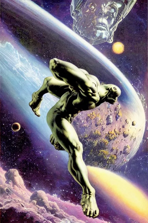 Image similar to Silver Surfer flying through space, by Frank Frazetta