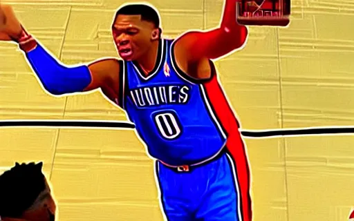 Prompt: elmo dunking over russell westbrook, nba broadcast