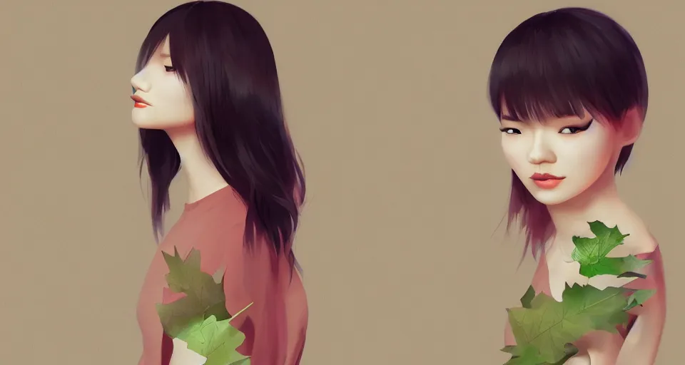 Image similar to asian female wearing leaf costume, contrast lightning, rough dark background, art by dannylailai on artstation, by hsiao ron cheng