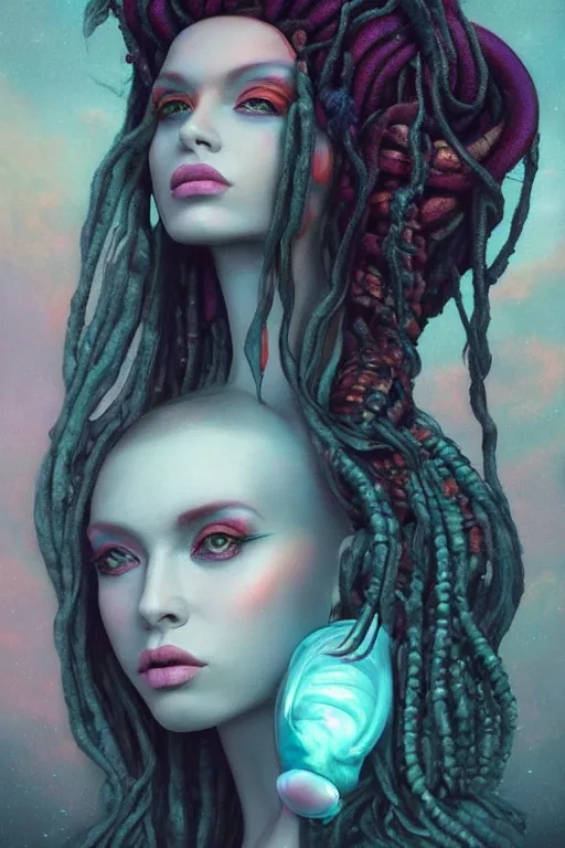 Prompt: portrait of an alien woman queen with long floating snake dreads, straight on portrait, by artgerm, tom bagshaw, gerald brom, vaporwave colors, lo - fi colors, vaporwave, lo - fi, moody vibe, goth vibe, 4 k, hd,
