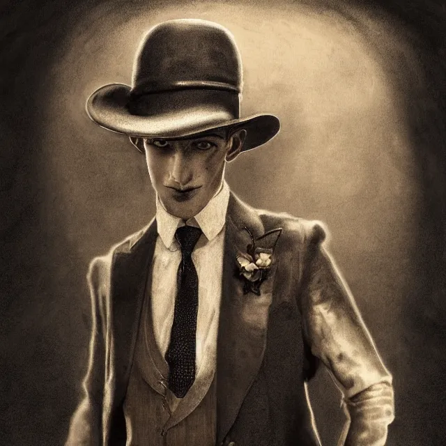 Image similar to photorealistic sepia full - head portrait of a 1 9 2 0 s era smirking male occultist, well dressed, long - tailed tuxedo coat, atmospheric lighting, dark, brooding, gothic, horror, painted, intricate, ultra detailed, well composed, best on artstation, cgsociety, epic, stunning, gorgeous, intricate detail, much wow, masterpiece