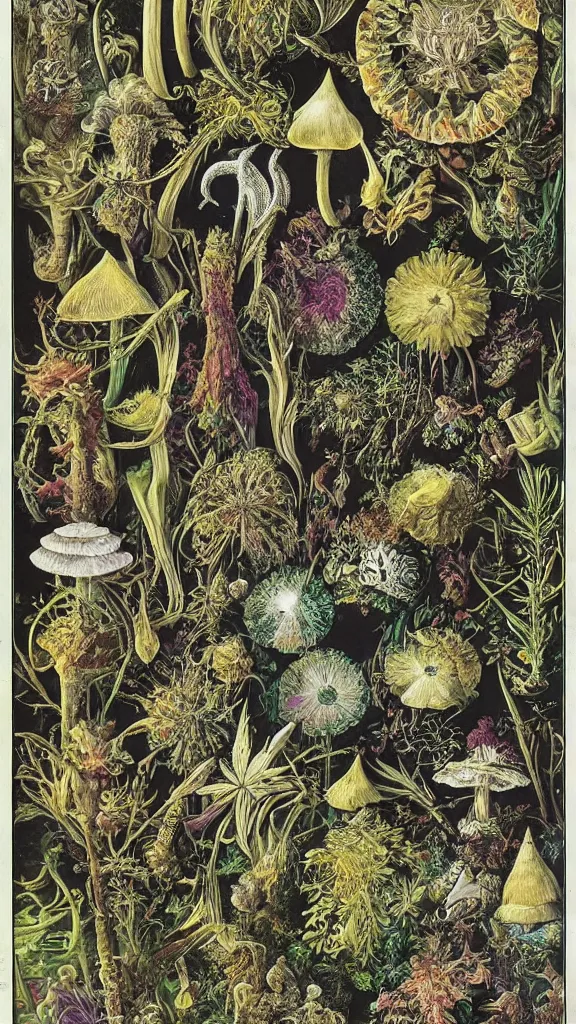 Image similar to Cannabis and Magic Mushrooms and LSD Sheets, by Ernst Haeckel and by Walton Ford