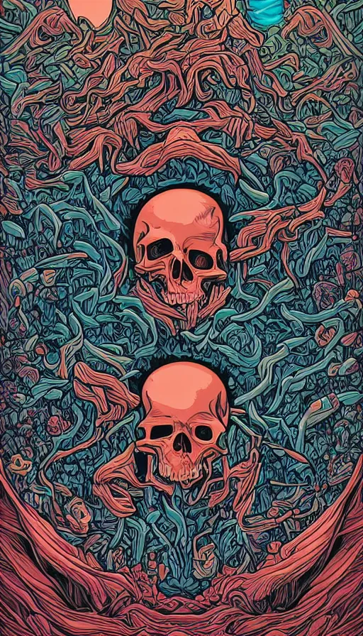 Image similar to life and death mixing together, by dan mumford,