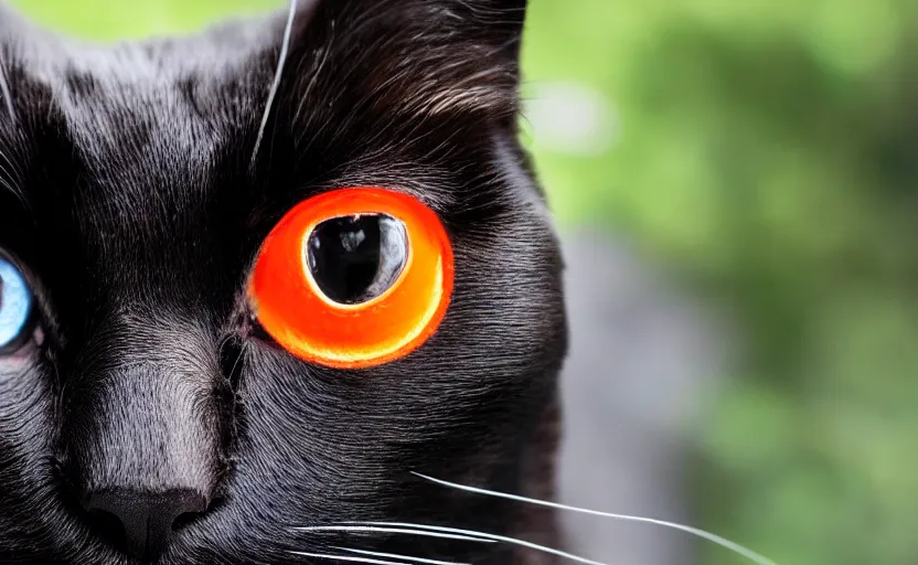 Prompt: A portrait of a black cat with orange and red eyes