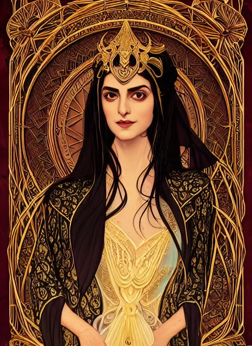 Image similar to centered portrait, Maya Ali as a D&D sorcerer, black hair, intricate robes, Art Nouveau, beautiful retro Fantasy heroine 1985, intricate, elegant, highly detailed, centered, digital painting, trending on artstation, concept art, smooth, sharp focus, illustration, art by raphael lacoste, eddie mendoza, Mucha, alex ross, WLOP