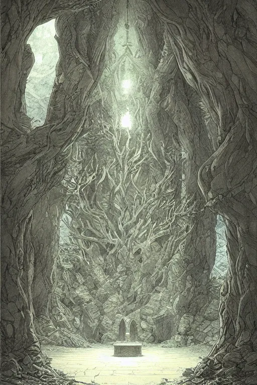 Image similar to sacred ash tree, stone temple interior, circle of power, mysterious, dramatic lighting, wide angle, highly detailed, in the style of alan lee and moebius