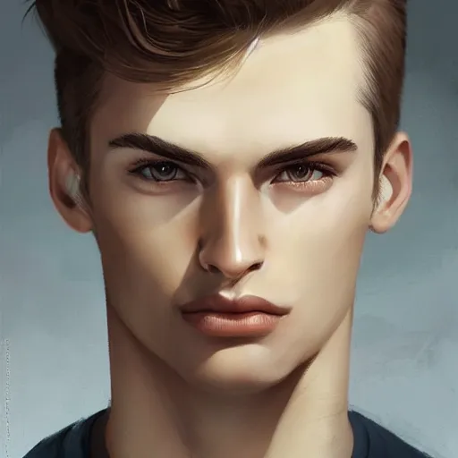 Image similar to man in his twenties with brown blond short quiff hair and thin slightly round facial structure with cleft chin, bumpy nose, good definition of cheekbones, Alert brown eyes, narrow face, slim body, atmospheric lighting, painted, intricate, 4k, highly detailed by Charlie Bowater