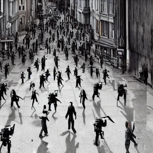 Prompt: hordes of drone-like people aimlessly walking around a depressing dystopian cityscape , trending on artststion, hyper realistic, surreal, melancholic, 8k, upscaled