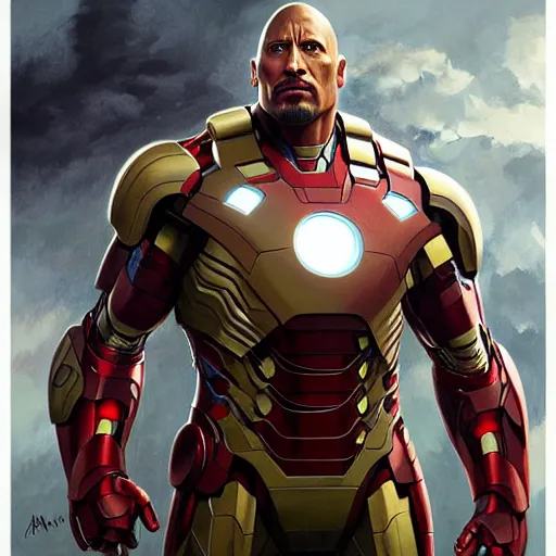 Image similar to Dwayne Johnson wearing an Iron Man suit, western, D&D, fantasy, intricate, elegant, highly detailed, digital painting, artstation, concept art, matte, sharp focus, illustration, art by Artgerm and Greg Rutkowski and Alphonse Mucha