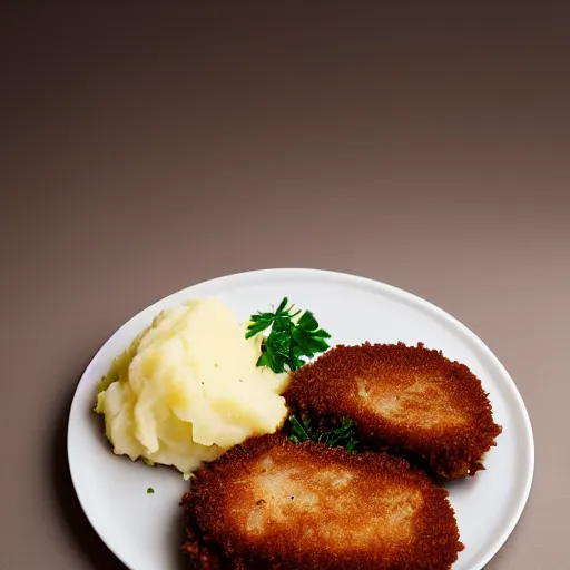 Prompt: mashed potatos and cutlet on a plate, studio light, white background, cinematic, soft light, bokeh, hyperrealistic photo, 8k, feel of depth