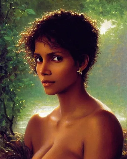 Prompt: beautiful glorious realistic oil painting of young halle berry, bokeh, baroque style by bouguereau, sunset, highly detailed, 8 k intricate