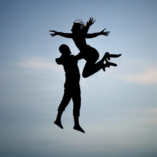 Prompt: a man holding a woman jumps into the air. the two figures are black silhouettes