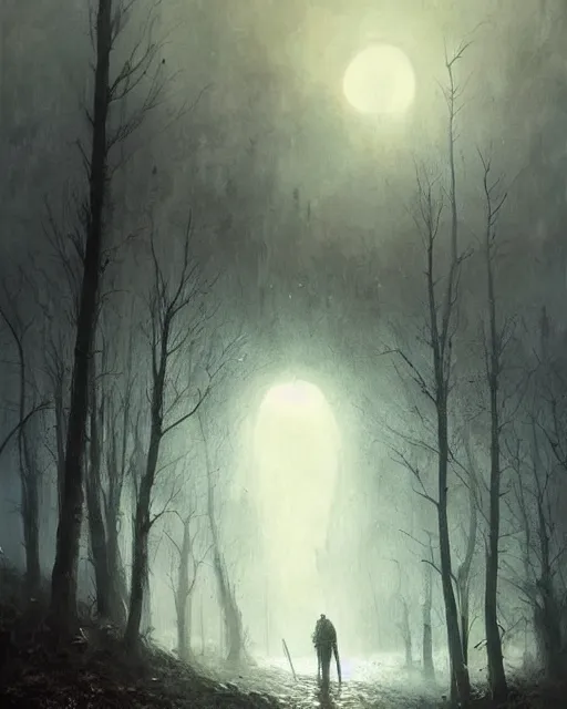 Image similar to Hyper realistic oil painting of an undead knight, knight in the foreground, fog, volumetric lighting, nighttime, moonlight, creepy, by greg rutkowski