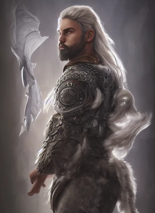 Image similar to an epic fantastic realism comic book style portrait painting of an aasimar paladin, male, shaggy silver hair, short brown beard, d & d concept art, unreal 5, daz, petrol aesthetic, octane render, cosplay, rpg portrait, dynamic lighting