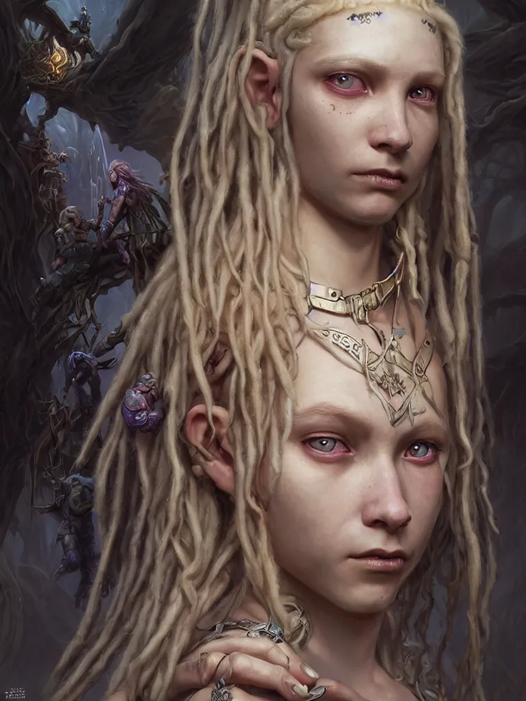 Prompt: fantasy changeling girl with blonde dreadlocks revealing her true nature, staring eyes, dim light, front game card, marvel comics, dark, intricate jewellery, highly detailed, smooth, smirking, artstation, digital illustration by ruan jia and mandy jurgens and artgerm and wayne barlowe and greg rutkowski and zdislav beksinski