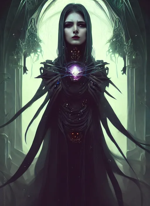 Image similar to a beautiful cinematic female Necromancer Sorceress, galatic shamen with Quantum energy fantasy, fantasy magic, undercut hairstyle, dark light night, intricate, elegant, sharp focus, illustration, highly detailed, digital painting, concept art, matte, art by WLOP and Artgerm and Greg Rutkowski and Alphonse Mucha, masterpiece