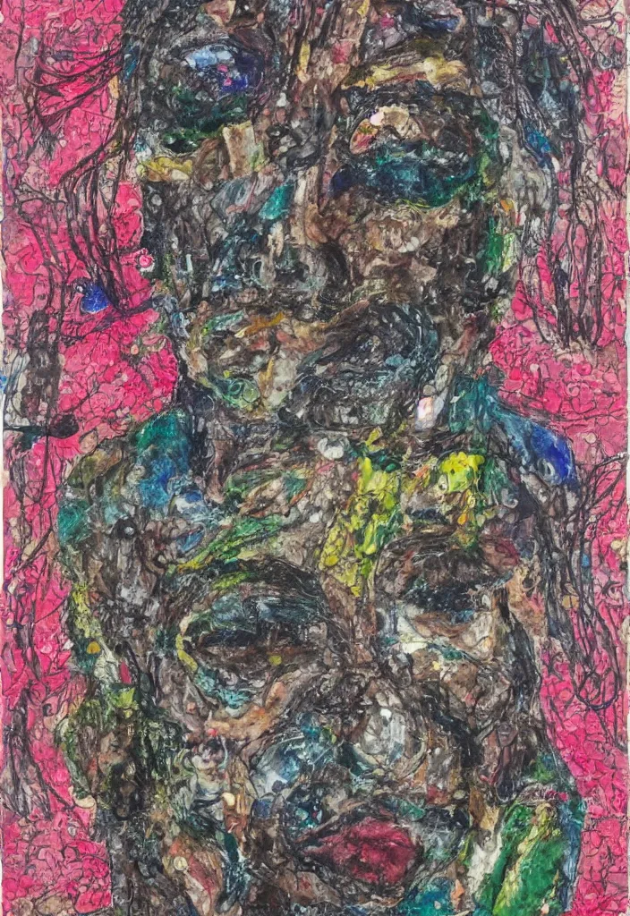 Image similar to self - portrait, award winning outsider art, mixed media