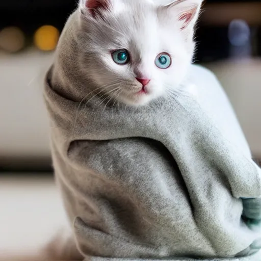 Prompt: tiny white kitten with green eyes wearing a oversized grey hoodie,