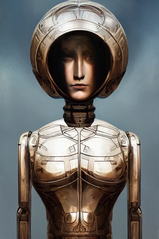 Image similar to full figure portrait of a female android made of chrome and woodgrain by duchamp, lean sleek styling, feminine curves, reflective, inscribed etched with gnostic runes, by jessica rossier