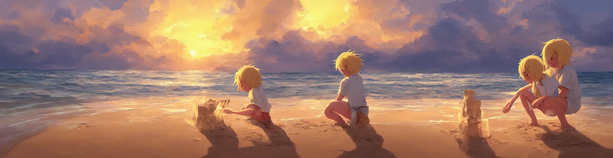 Image similar to beautiful, detailed digital painting of a blond-haired child making sandcastles on the beach and looking at the sunset, anime by Makoto Shinkai, sand, waves, trending on artstation