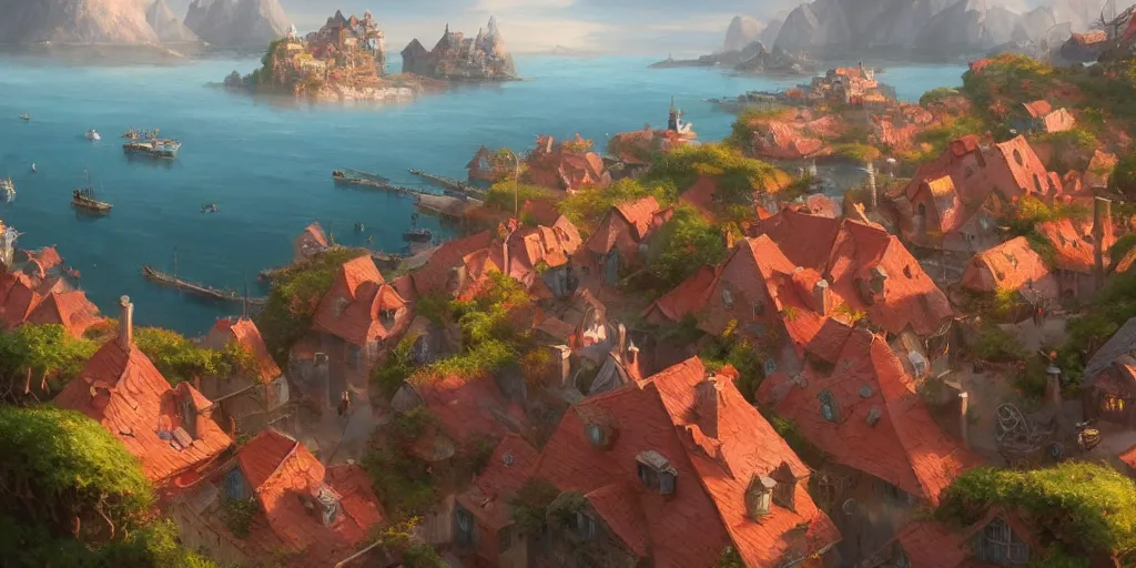 Prompt: Cozy small fantasy village on a cape, red roofs, fishing boats, view from above. In style of Greg Rutkowski, Jesper Ejsing, Makoto Shinkai, trending on ArtStation, fantasy, great composition, concept art, highly detailed, scenery, 8K, Behance.