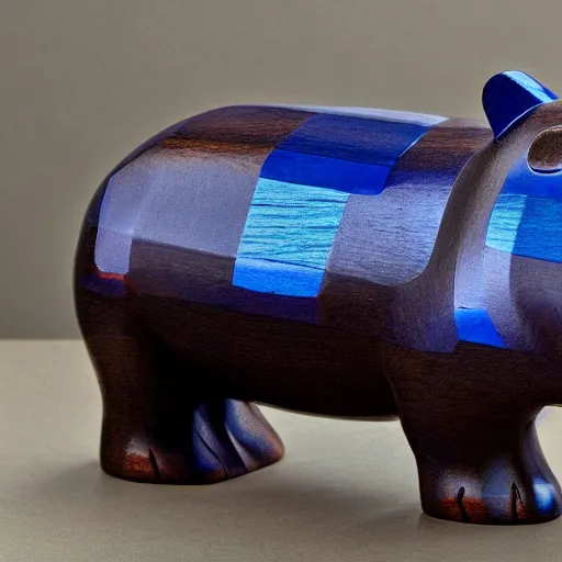 Prompt: wood block small hippo statue, wood blocks bottom hippo body, blue chrome top hippo body, by a genius craftsman, highly detailed, wood block legs made of polished wooden blocks under the blue resin chrome top