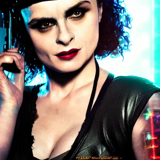 Prompt: helena bonham carter portrait, cyberpunk 2 0 7 7, cyberpunk judy alvarez, photorealistic, ultra detailed, neon, octane, bokeh, cinematic lighting, cyber, cyberpunk city, studio quality, feature, scars, cyberface, 8 k