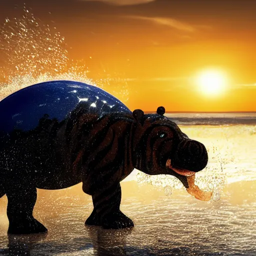 Image similar to a closeup photorealistic photograph of a cute smiling knitted tiger hippopotamus chasing a beachball at sunset. surf in the background. professional capture. this 4 k hd image is trending on artstation, featured on behance, well - rendered, extra crisp, features intricate detail, epic composition and the style of unreal engine.