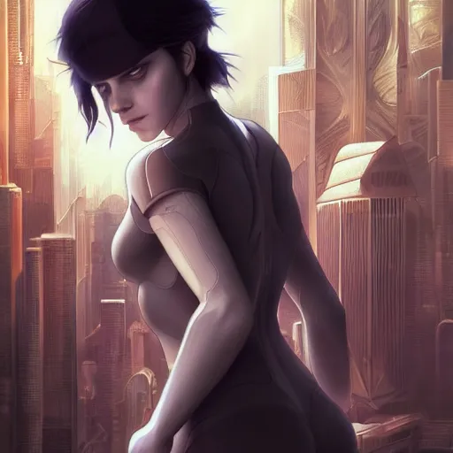 Image similar to ultra realistic illustration, emma watson as ghost in the shell anime, intricate, elegant, highly detailed, digital painting, artstation, concept art, smooth, sharp focus, illustration, art by artgerm and greg rutkowski and alphonse mucha and wlop