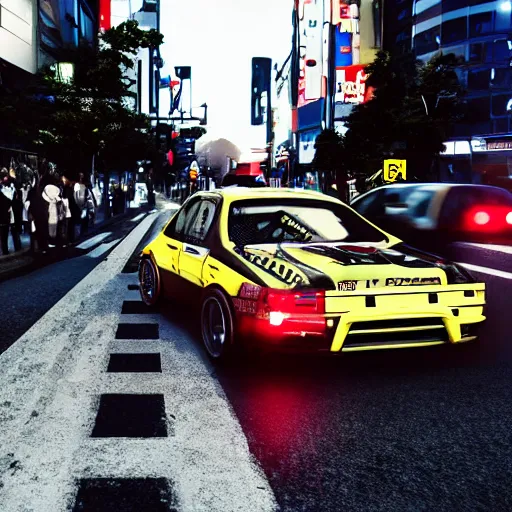 Prompt: A Jdm car drifting in shibuya streets, Hd, PhotoReal, Japanese, Moving