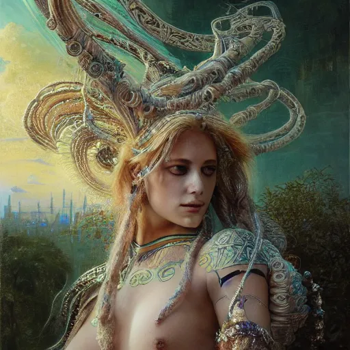 Image similar to intricate detail, hyper detail, lady of elche techno mystic goddess princess intergalactica, goddess inanna, ashteroth, with aqua neon rapunzel dreadlocks, mami wata, detailed, by gaston bussiere, bayard wu, greg rutkowski, h. r. giger, greg rutkowski, sandro botticelli, masterpiece, sharp focus,