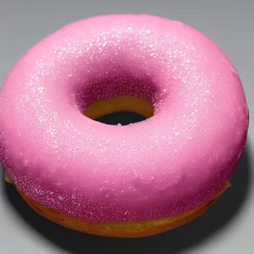 Image similar to 3 d render of realistic pink frosted donut with sprinkles, the donut has a bite taken out of it