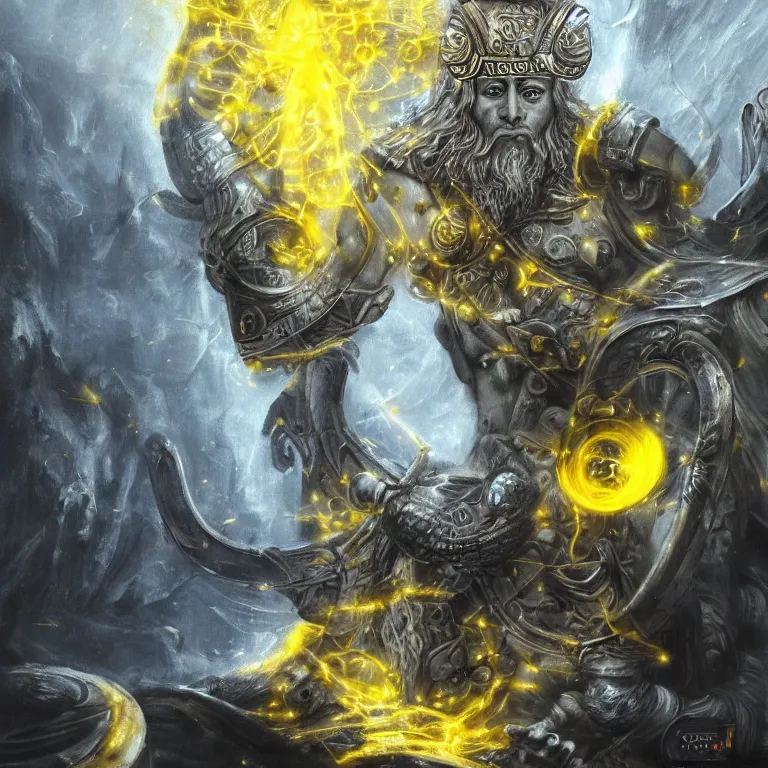 Image similar to mythological Odin all father god of thunder and artificial intelligence creating an artificial neural network with yellow synapses on an anvil in the ethereal city of valhalla, high resolution, award winning art, trending on art station, sharp image, incredibly detailed, odin all father detailed character realistic painting