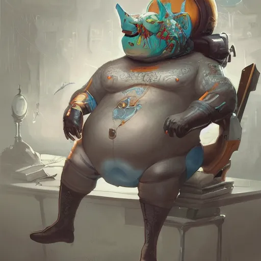 Image similar to a insanely detailed painting of a fat masked superhero wearing a costume sitting at a desk, staring at the nervously at the computer typing, in the style of peter mohrbacher, dramatic lighting and composition, trending on artstation, concept art, comic book