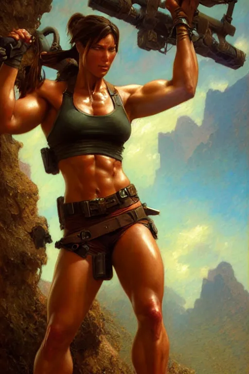 Prompt: muscular sweat lara croft, highly detailed painting by gaston bussiere, craig mullins, j. c. leyendecker 8 k