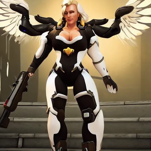 Image similar to a screenshot of arnold schwarzenegger as mercy in overwatch, full body shot