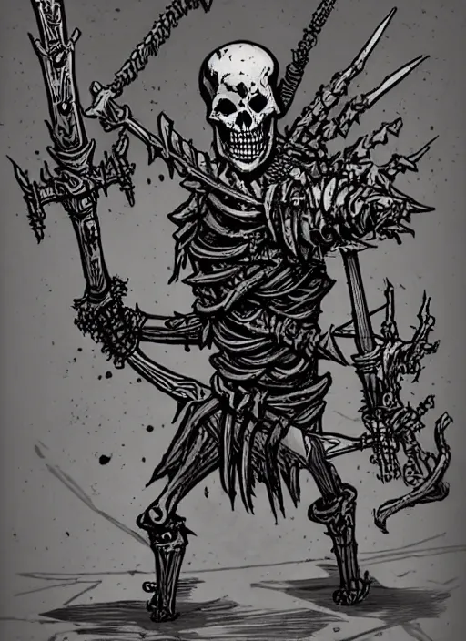 Image similar to concept art of a twisted skeleton warrior in darkest dungeon, highly detailed, dark atmosphere, cosmic horror, body horror, lovecraft mythos, key character poster