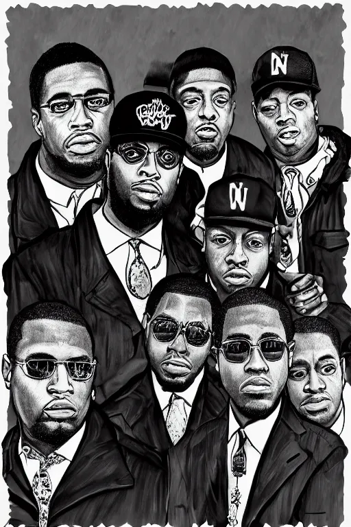 Prompt: a professionally drawn digital art image of the NWA rap group but they’re women, intricate, digital painting, trending on instagram, front photo, sharp focus, 1986 photo, award winning