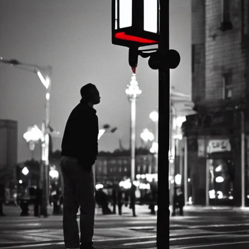 Image similar to Man drinking alcohol on a traffic light in the square city square, red light, atmospheric, 35mm movie, photo real, cinematic,