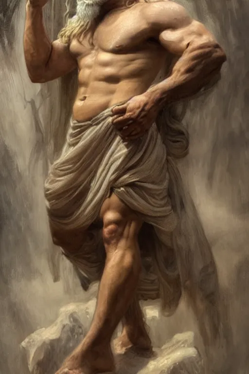 Image similar to painted portrait of rugged zeus, god of thunder, greek god, white hair, masculine, mature, handsome, upper body, flowy robe, muscular, hairy torso, fantasy, intricate, elegant, highly detailed, digital painting, artstation, concept art, smooth, sharp focus, illustration, art by gaston bussiere and alphonse mucha