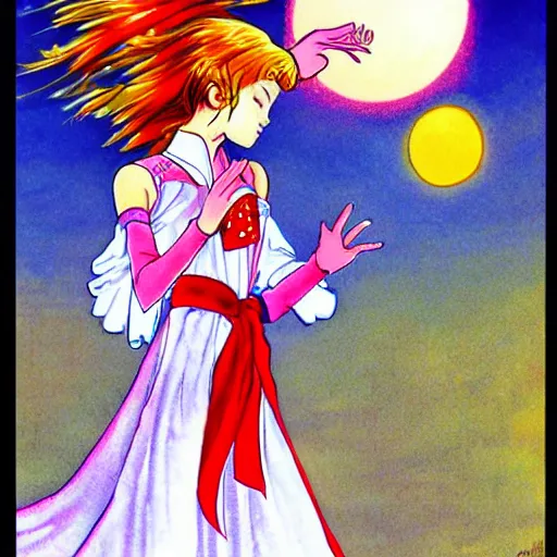 Prompt: girl in a white gown dancing in her bedroom as the sun is rising drawn by naoko takeuchi