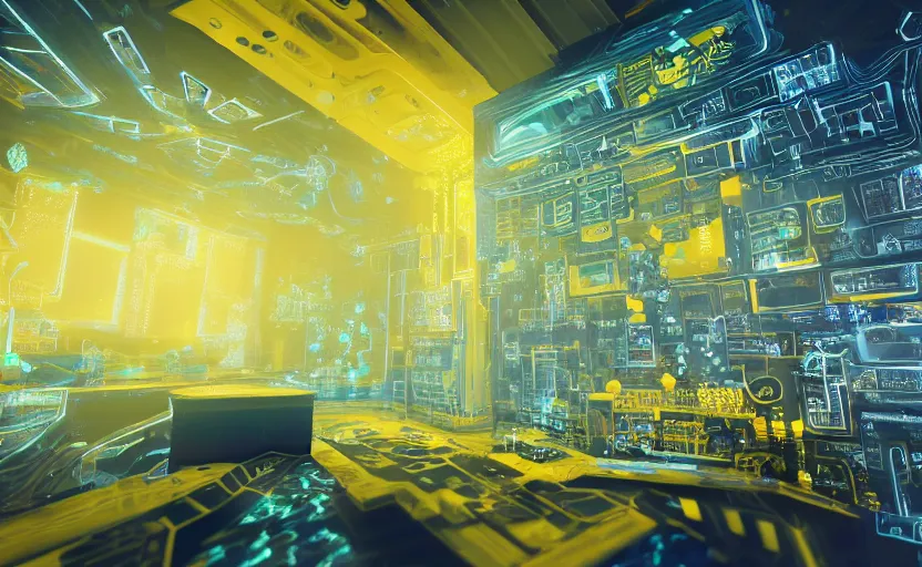 Prompt: inside a dream of a diamond scattered with computer circuitry and led displays, yellow water-cooling coolant, trending on artstation, digital art, octane render, ray-tracing, 4k desktop background